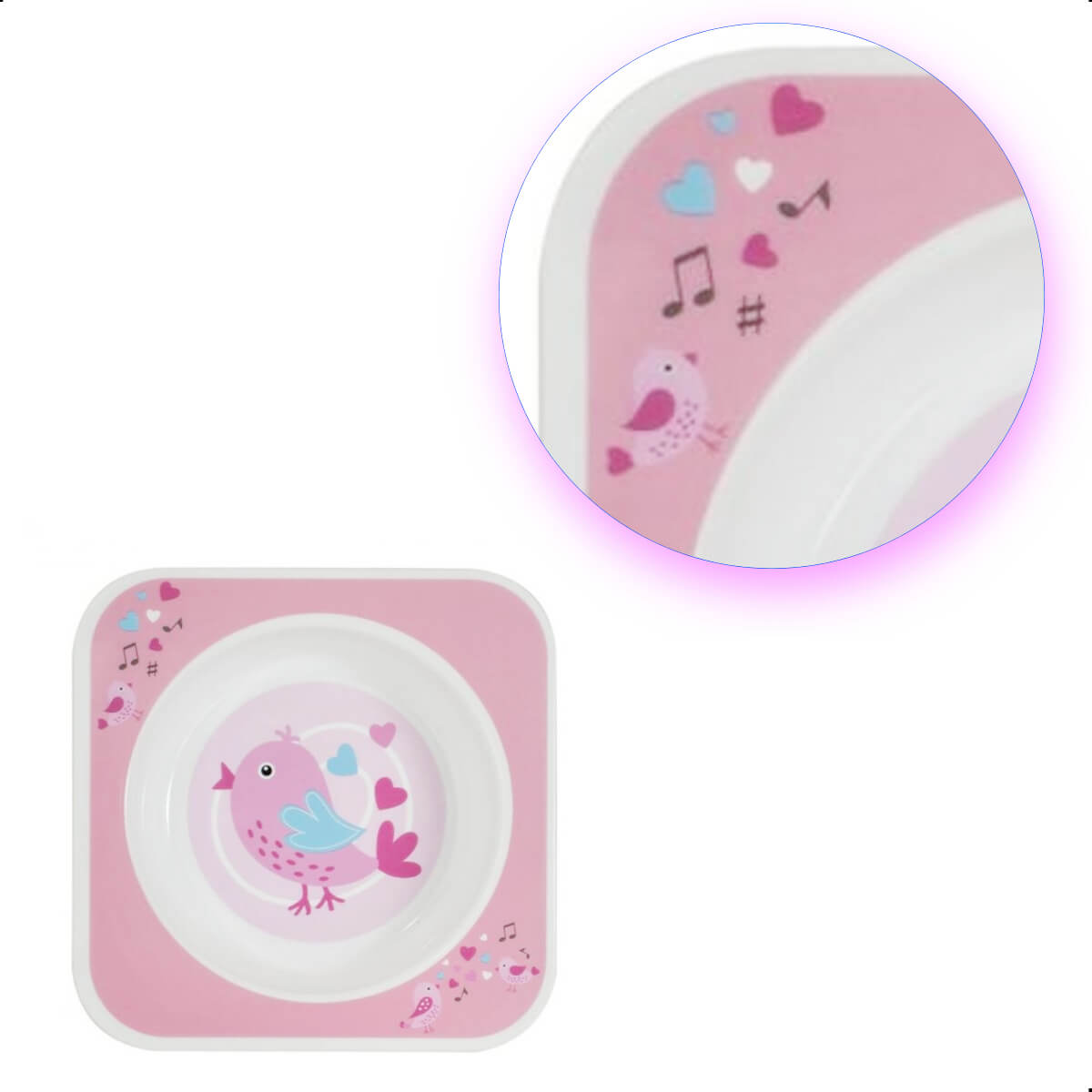 Prato Bowl Quadrado Prático e Resistente Pássaro Rosa KaBaby - 1121R