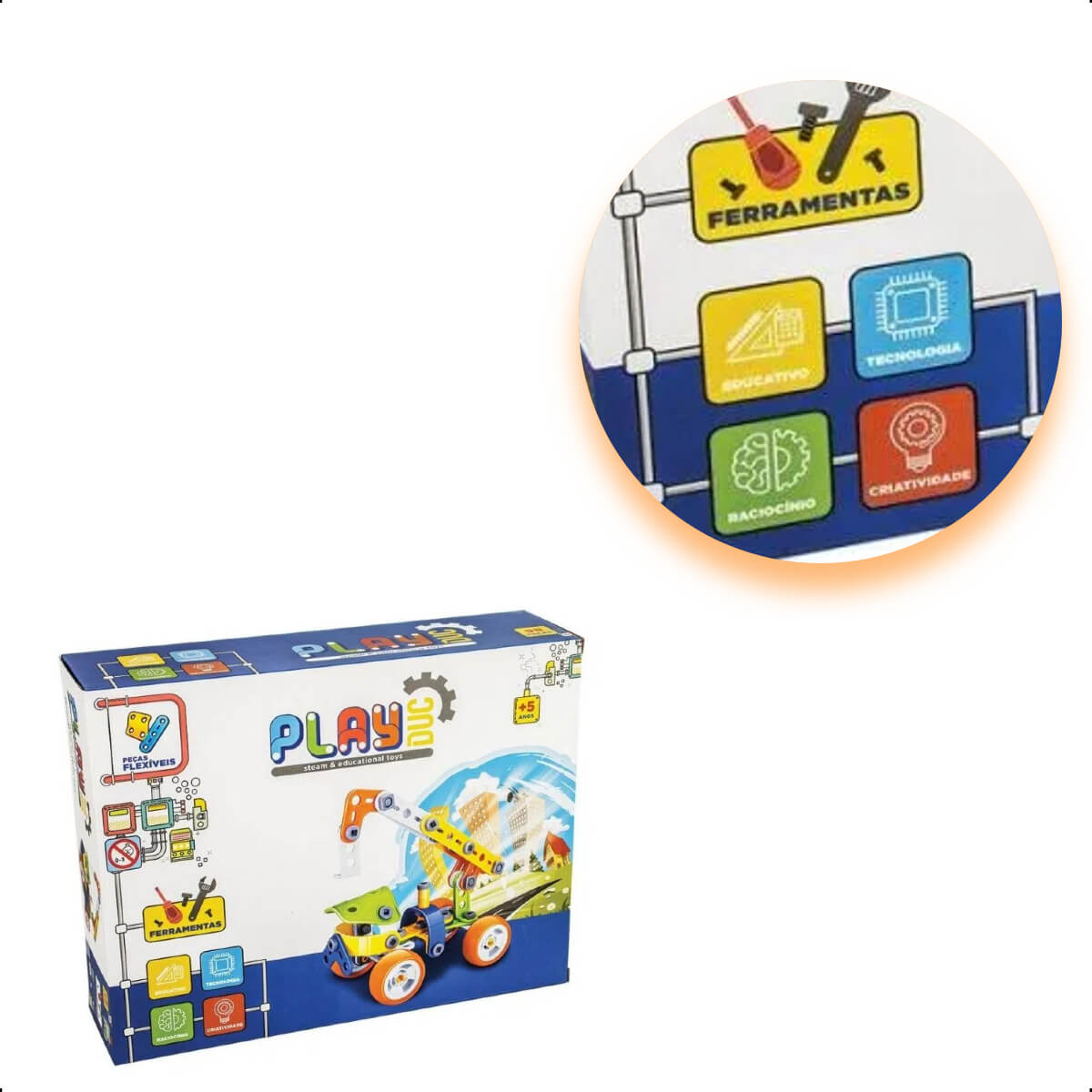 Brinquedo Super Guindaste de Montar Steam 98 Peças Coloridas PlayDuc Kababy - PB50112