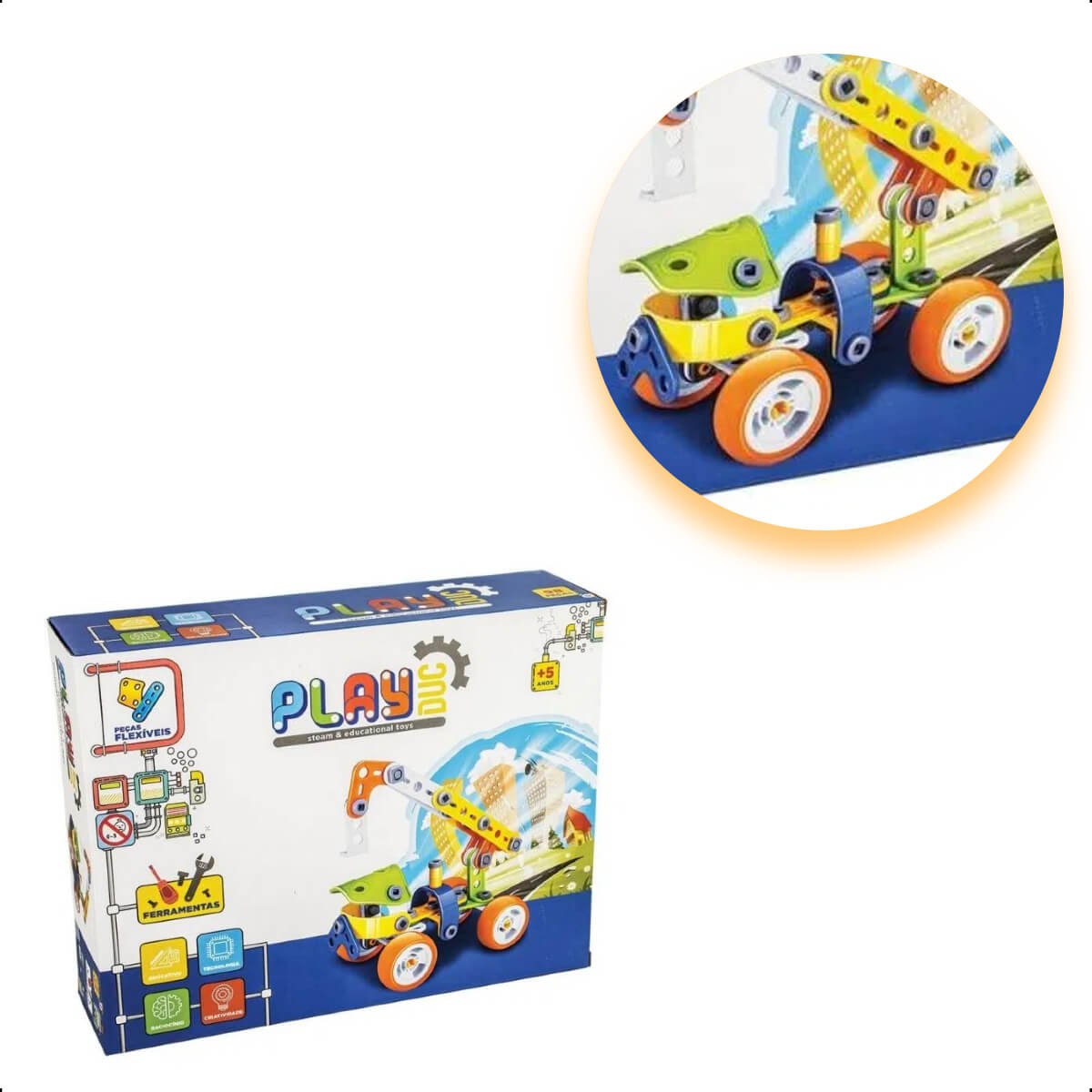 Brinquedo Super Guindaste de Montar Steam 98 Peças Coloridas PlayDuc Kababy - PB50112