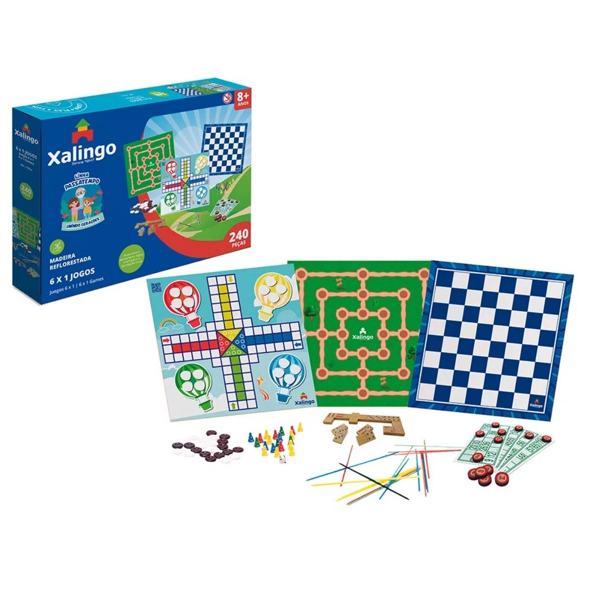 Jogos Passatempo 6x1 Xalingo Dominó, Loto, Pega-Varetas, Damas, Ludo e Trilha 240 Peças  - 17354