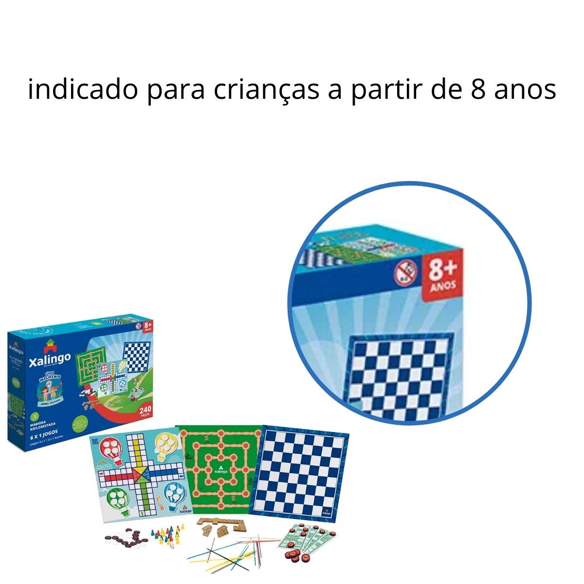Jogos Passatempo 6x1 Xalingo Dominó, Loto, Pega-Varetas, Damas, Ludo e Trilha 240 Peças  - 17354