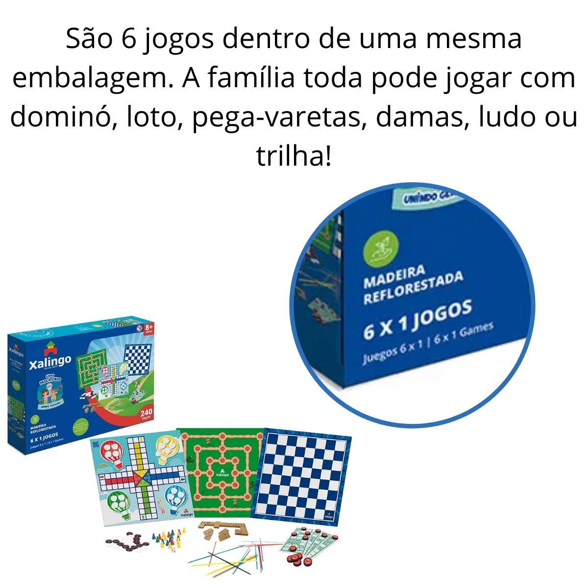 Jogos Passatempo 6x1 Xalingo Dominó, Loto, Pega-Varetas, Damas, Ludo e Trilha 240 Peças  - 17354