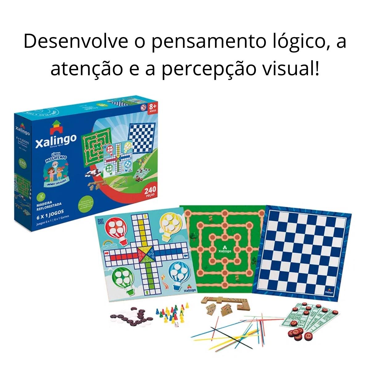 Jogos Passatempo 6x1 Xalingo Dominó, Loto, Pega-Varetas, Damas, Ludo e Trilha 240 Peças  - 17354