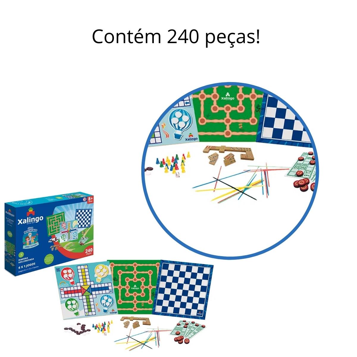 Jogos Passatempo 6x1 Xalingo Dominó, Loto, Pega-Varetas, Damas, Ludo e Trilha 240 Peças  - 17354