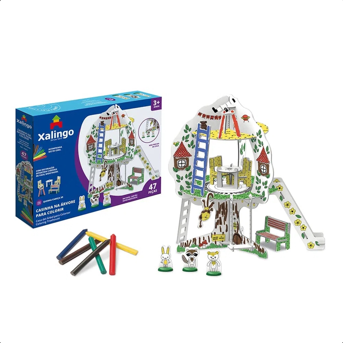 Playset Quebra-Cabeça Casinha na Árvore 3D Cartão Colorir 47 Peças c/ Giz de Cera Xalingo 16321