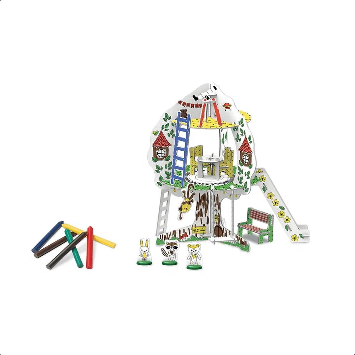 Playset Quebra-Cabeça Casinha na Árvore 3D Cartão Colorir 47 Peças c/ Giz de Cera Xalingo 16321