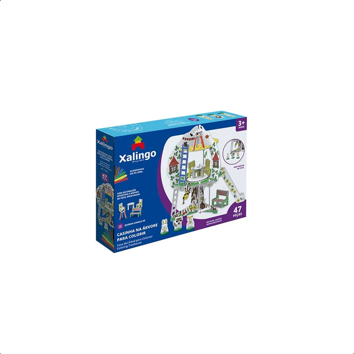 Playset Quebra-Cabeça Casinha na Árvore 3D Cartão Colorir 47 Peças c/ Giz de Cera Xalingo 16321