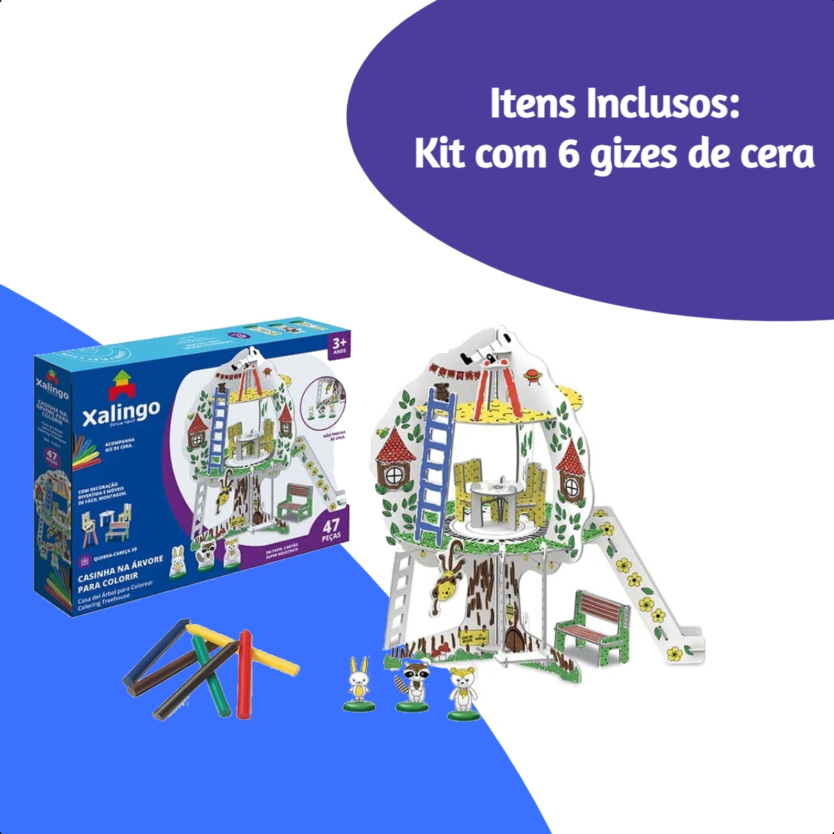 Playset Quebra-Cabeça Casinha na Árvore 3D Cartão Colorir 47 Peças c/ Giz de Cera Xalingo 16321