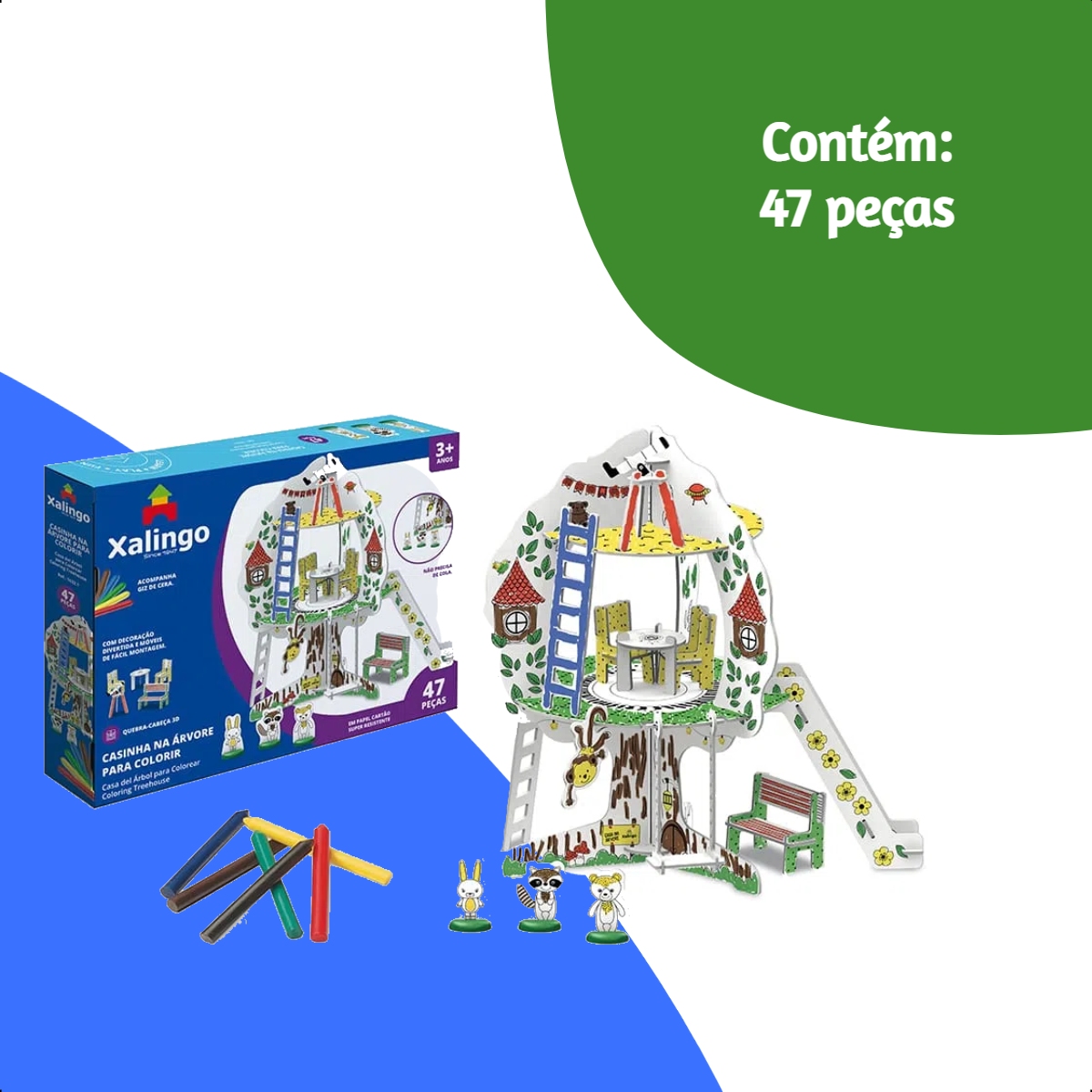 Playset Quebra-Cabeça Casinha na Árvore 3D Cartão Colorir 47 Peças c/ Giz de Cera Xalingo 16321