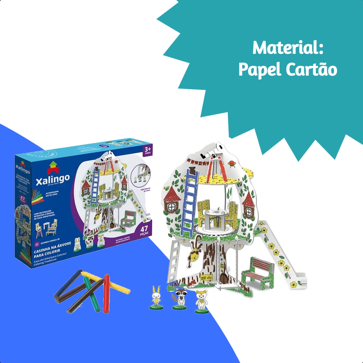 Playset Quebra-Cabeça Casinha na Árvore 3D Cartão Colorir 47 Peças c/ Giz de Cera Xalingo 16321