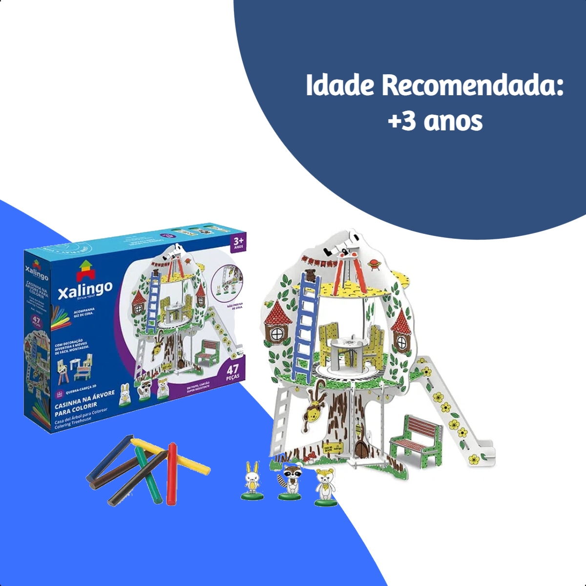 Playset Quebra-Cabeça Casinha na Árvore 3D Cartão Colorir 47 Peças c/ Giz de Cera Xalingo 16321