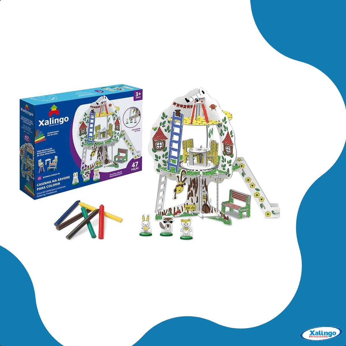 Playset Quebra-Cabeça Casinha na Árvore 3D Cartão Colorir 47 Peças c/ Giz de Cera Xalingo 16321