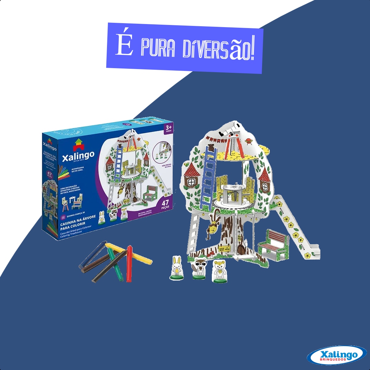 Playset Quebra-Cabeça Casinha na Árvore 3D Cartão Colorir 47 Peças c/ Giz de Cera Xalingo 16321
