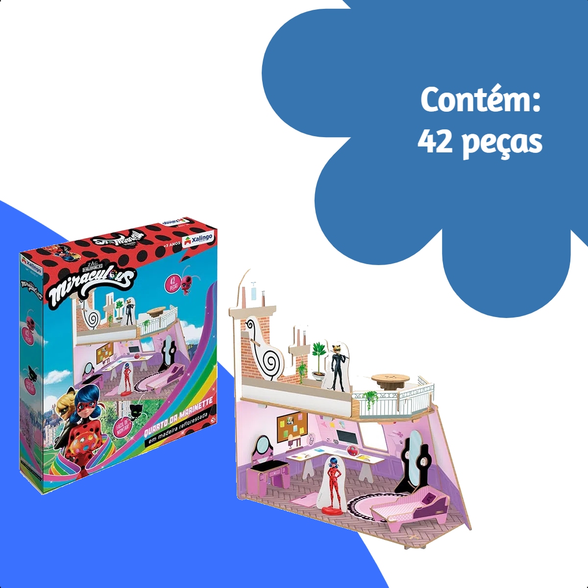 Playset Quebra-cabeça 3D Quarto da Marinette Miraculous Ladybug 42 Peças +3 anos Xalingo - 55054
