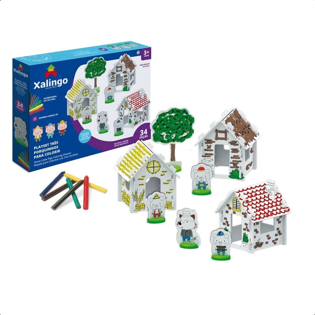 Quebra-Cabeça Casinhas Três Porquinhos 3D em Cartão Colorir c/ Kit de 6 Giz de Cera Xalingo 17387