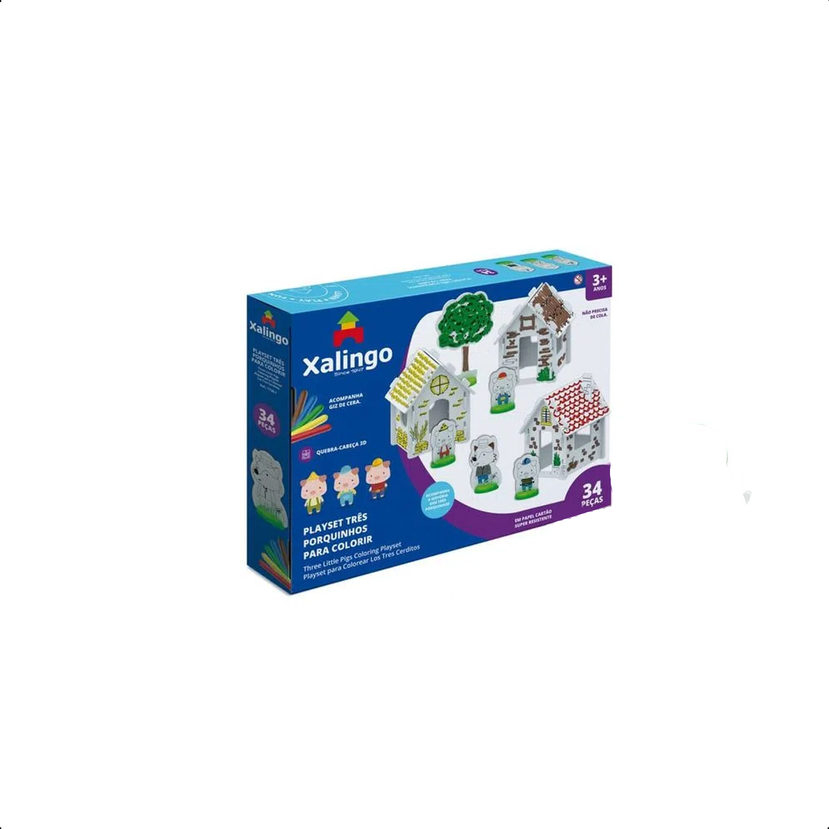 Quebra-Cabeça Casinhas Três Porquinhos 3D em Cartão Colorir c/ Kit de 6 Giz de Cera Xalingo 17387