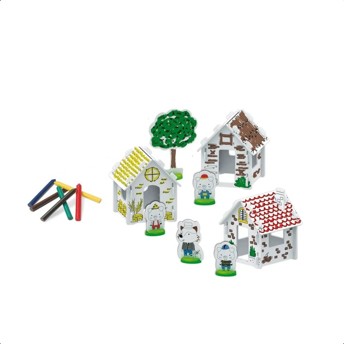 Quebra-Cabeça Casinhas Três Porquinhos 3D em Cartão Colorir c/ Kit de 6 Giz de Cera Xalingo 17387