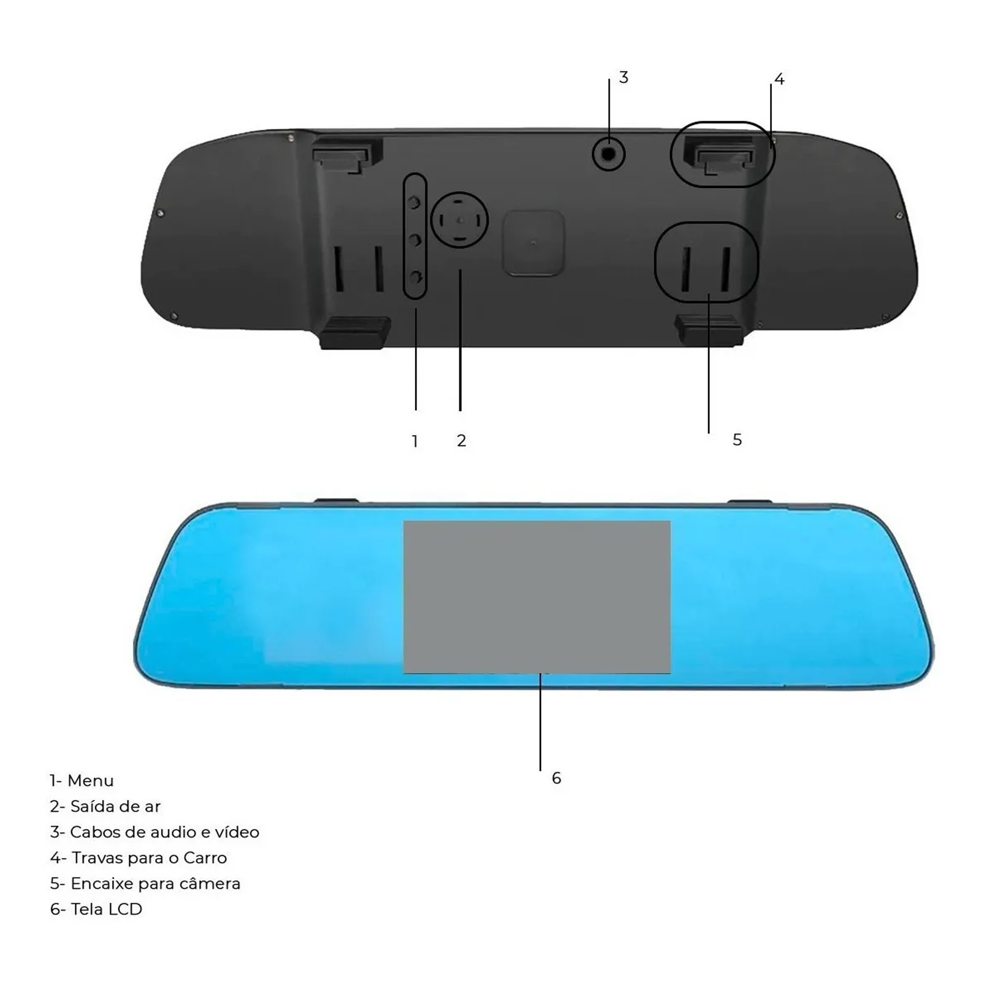 Retrovisor com Tela / Entrada 2 RCA de Vídeo RS350BR MI Roadstar