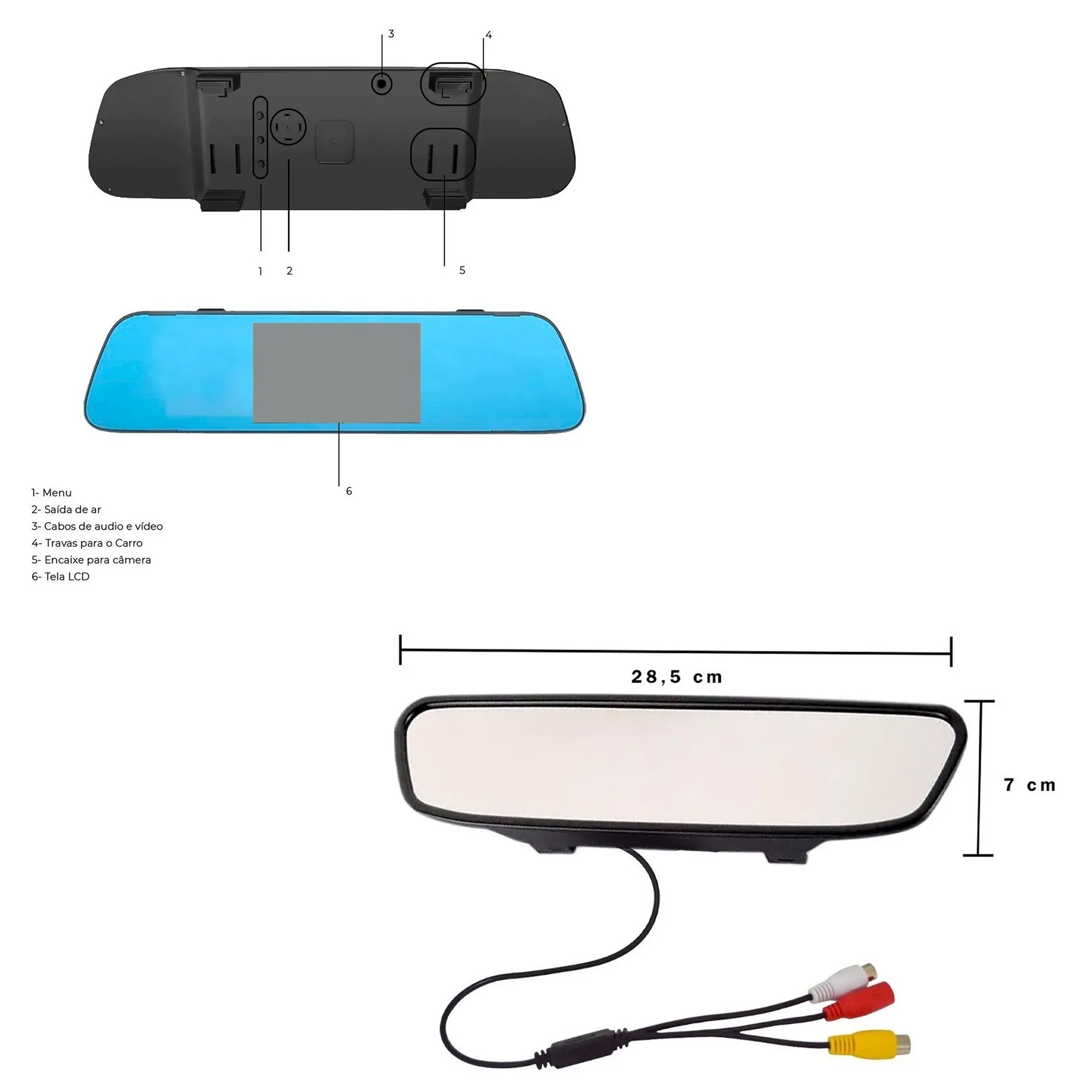 Retrovisor com Tela / Entrada 2 RCA de Vídeo RS350BR MI Roadstar