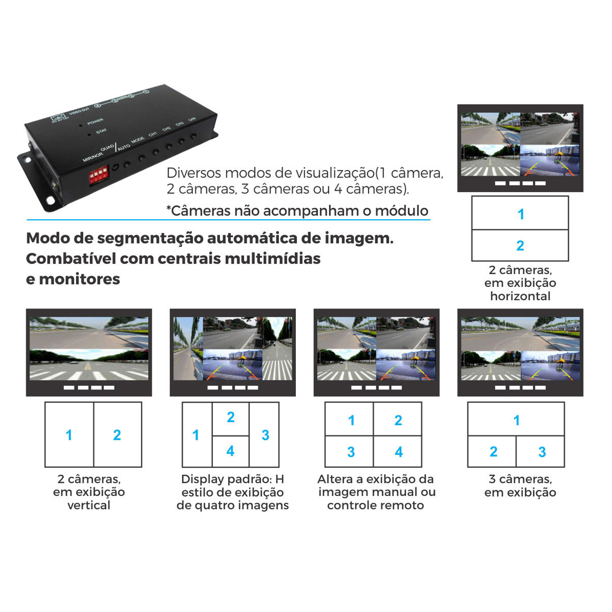 DVR Sem Função de Gravador / Comutador para 4 Câmeras de Estacionamento Veicular RS1088BR MI