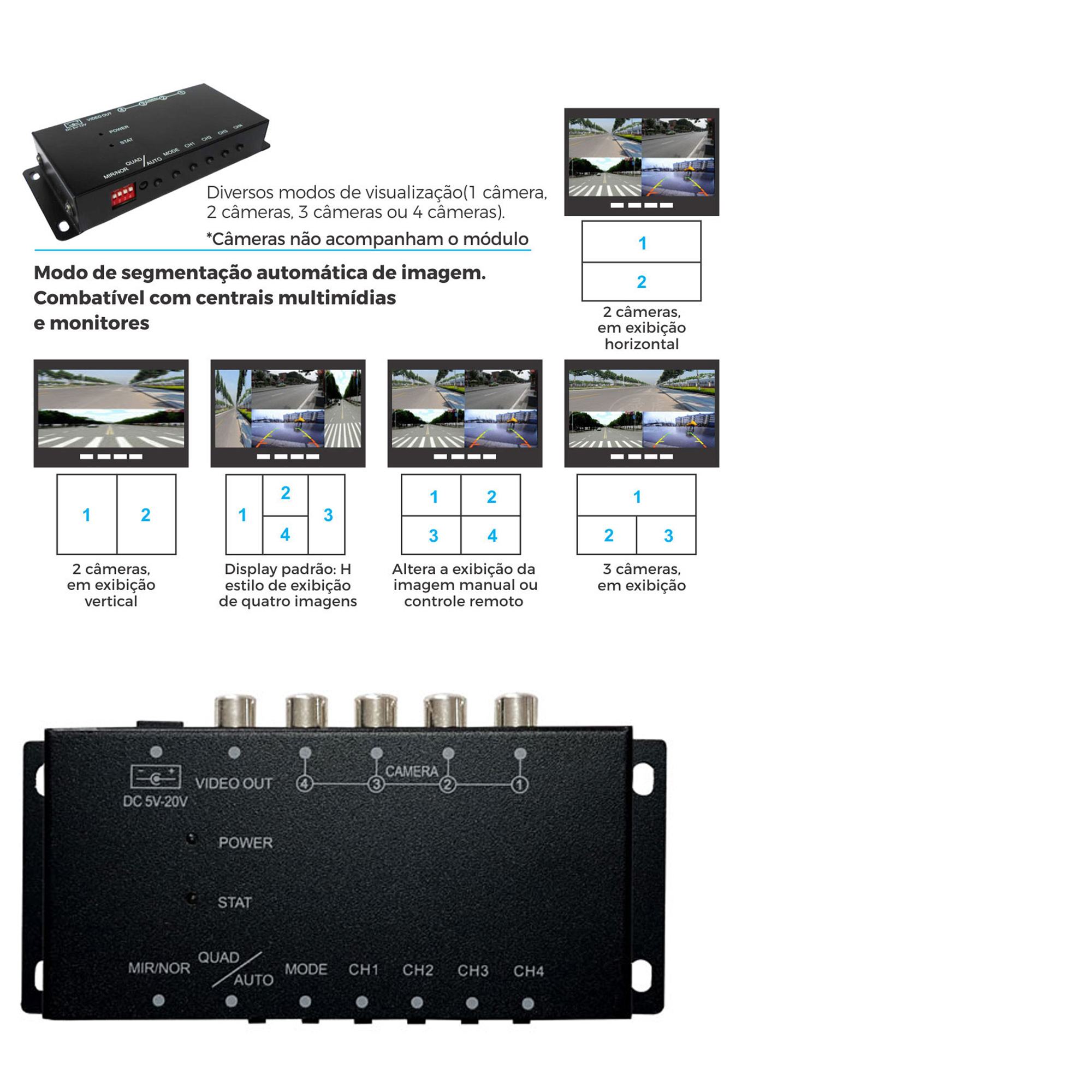 DVR Sem Função de Gravador / Comutador para 4 Câmeras de Estacionamento Veicular RS1088BR MI