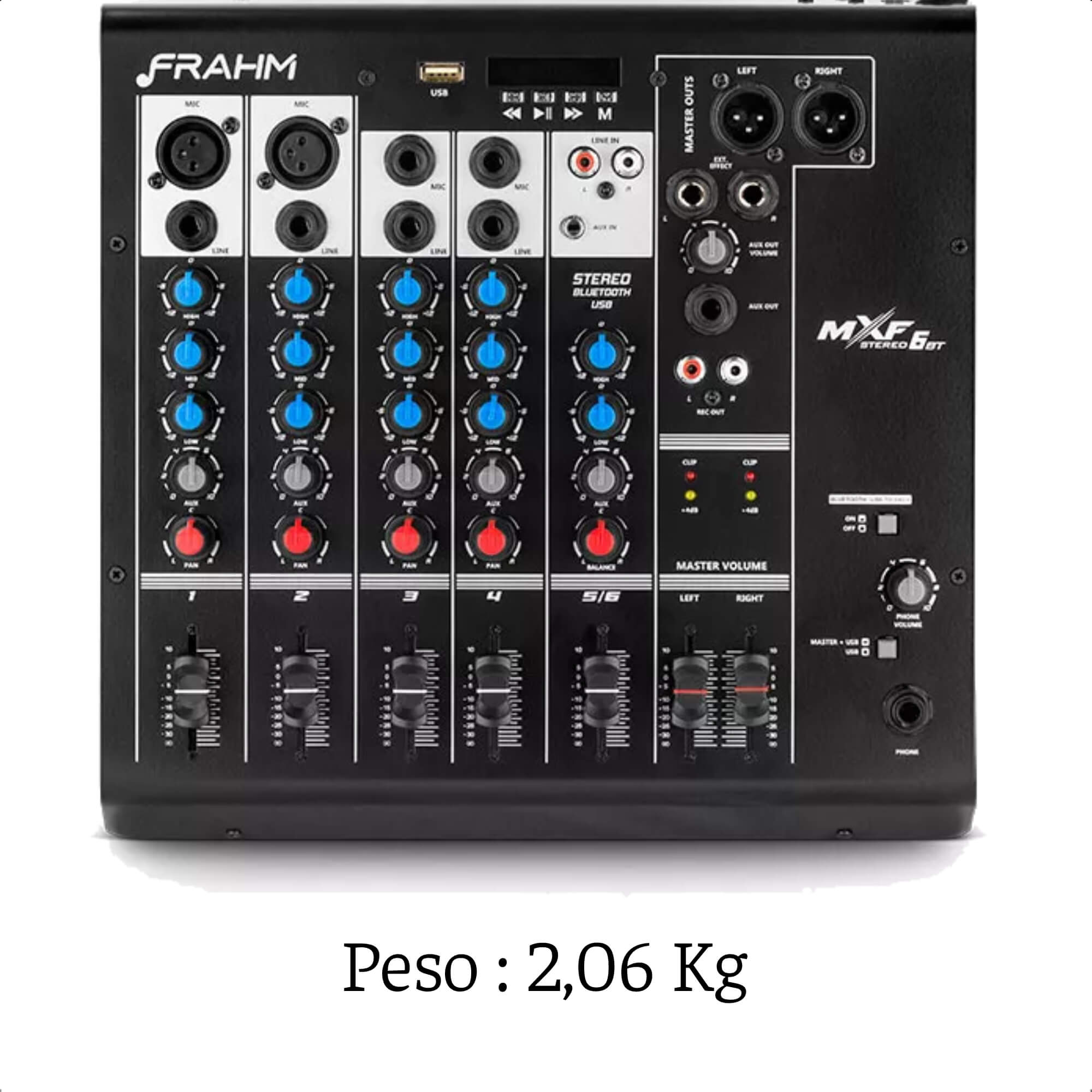 Mesa de Som Mixer Frahm 6 Canais Bluetooth, XLR, P10, RCA e P2 Função DJ Rec Out Mxf6 Bt - 31592