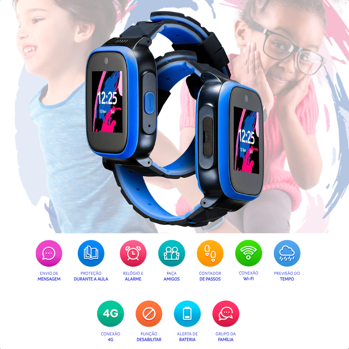 Smartwatch Infantil Multilaser Kid Watch 4G Controle Parental Contador de Passos Wi-Fi Azul P9200