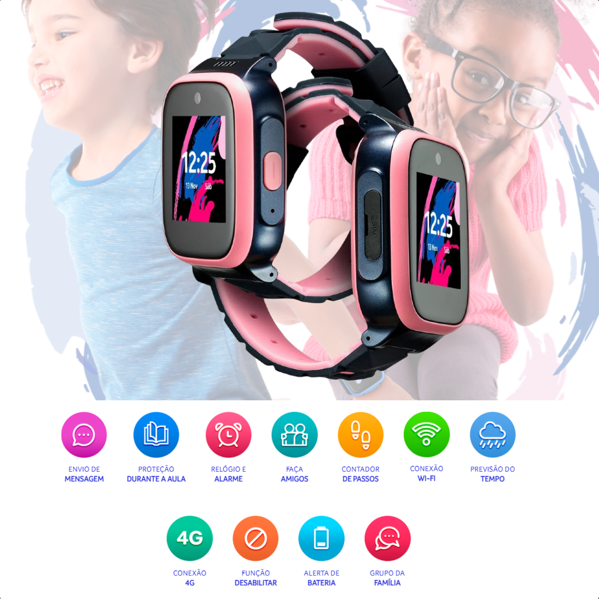 Smartwatch Infantil Multilaser Kid Watch 4G Controle Parental Contador de Passos Wi-Fi Rosa P9201