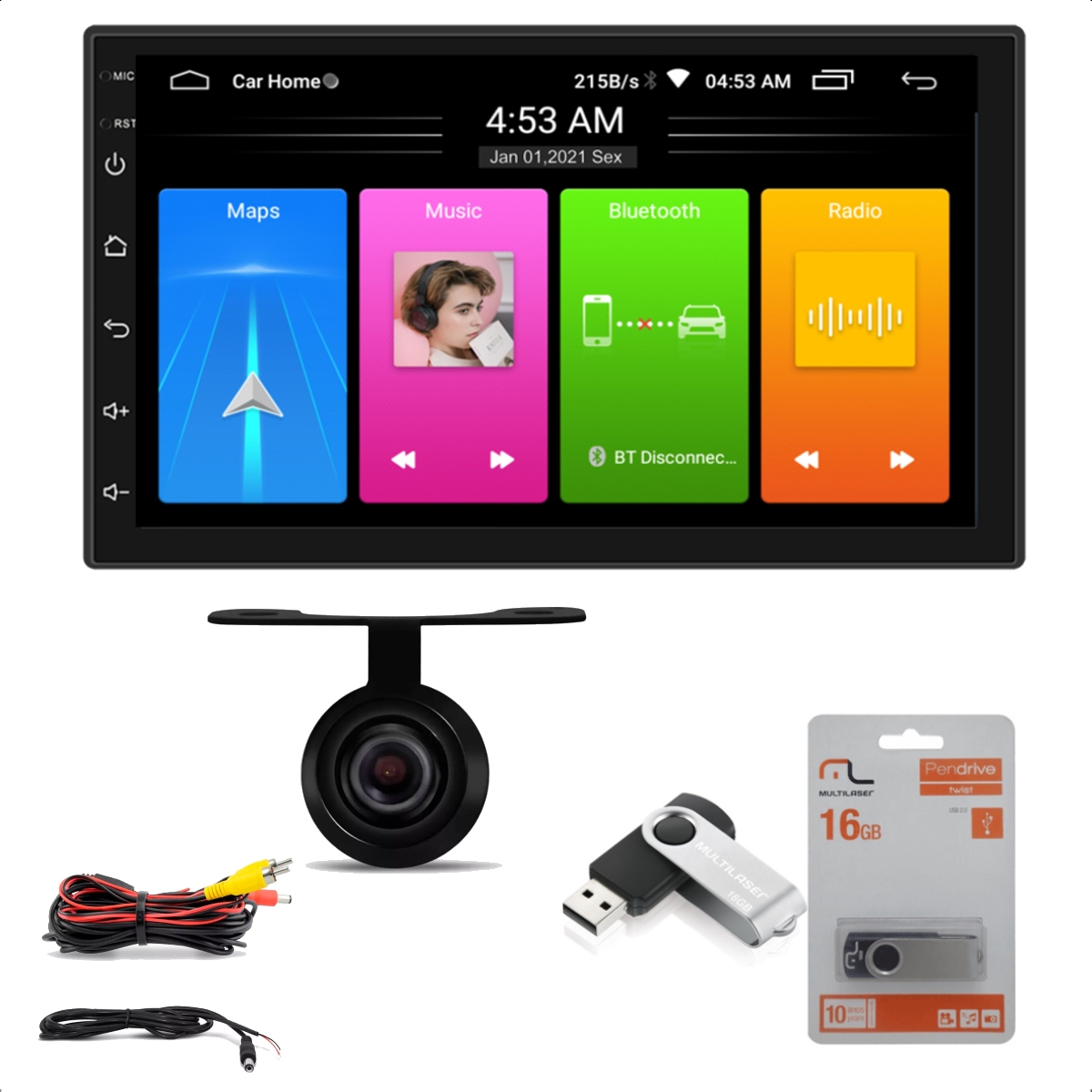 Central Multimídia MP5 Android 10.1 2 Din 7pol RS-808BR Plus Roadstar Com Câmera de Ré e Pen Drive
