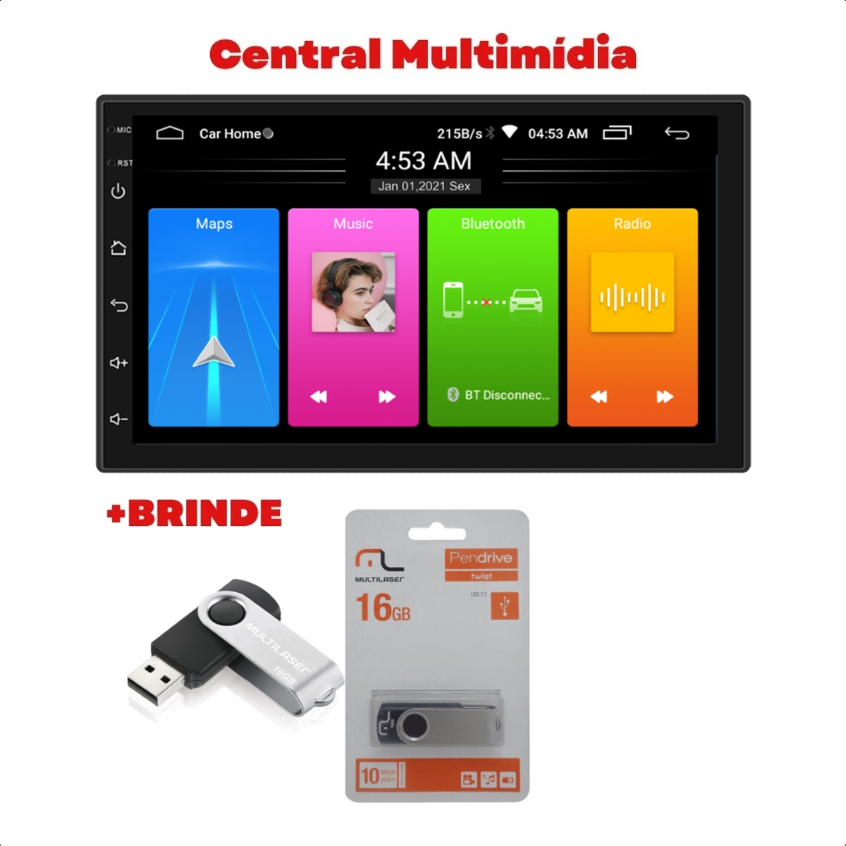 Central Multimídia MP5 Android 10.1 2 Din 7pol RS-808BR Plus Roadstar Com Câmera de Ré e Pen Drive