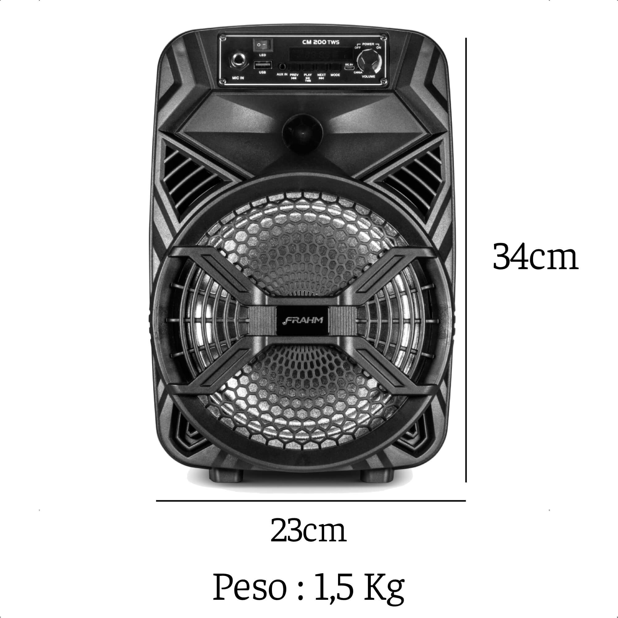 Caixa de som Frahm Ativa 200W RMS Plástica de 8 pol. Bluetooth Usb Bivolt P2 CM 200 TWS - 31717