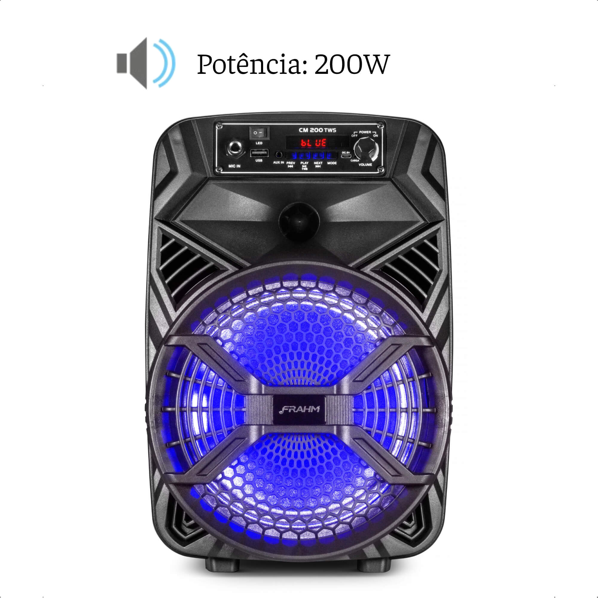 Caixa de som Frahm Ativa 200W RMS Plástica de 8 pol. Bluetooth Usb Bivolt P2 CM 200 TWS - 31717