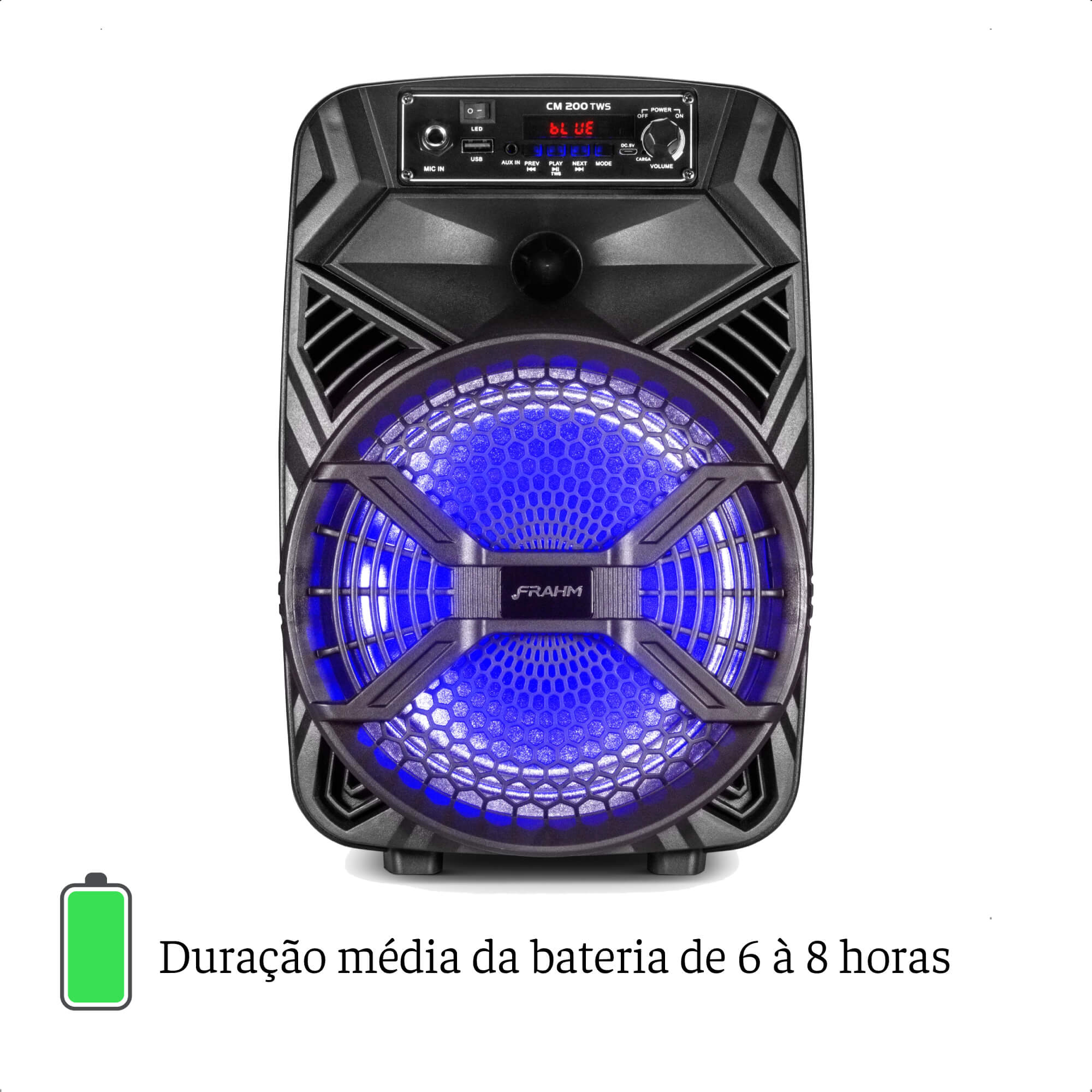 Caixa de som Frahm Ativa 200W RMS Plástica de 8 pol. Bluetooth Usb Bivolt P2 CM 200 TWS - 31717