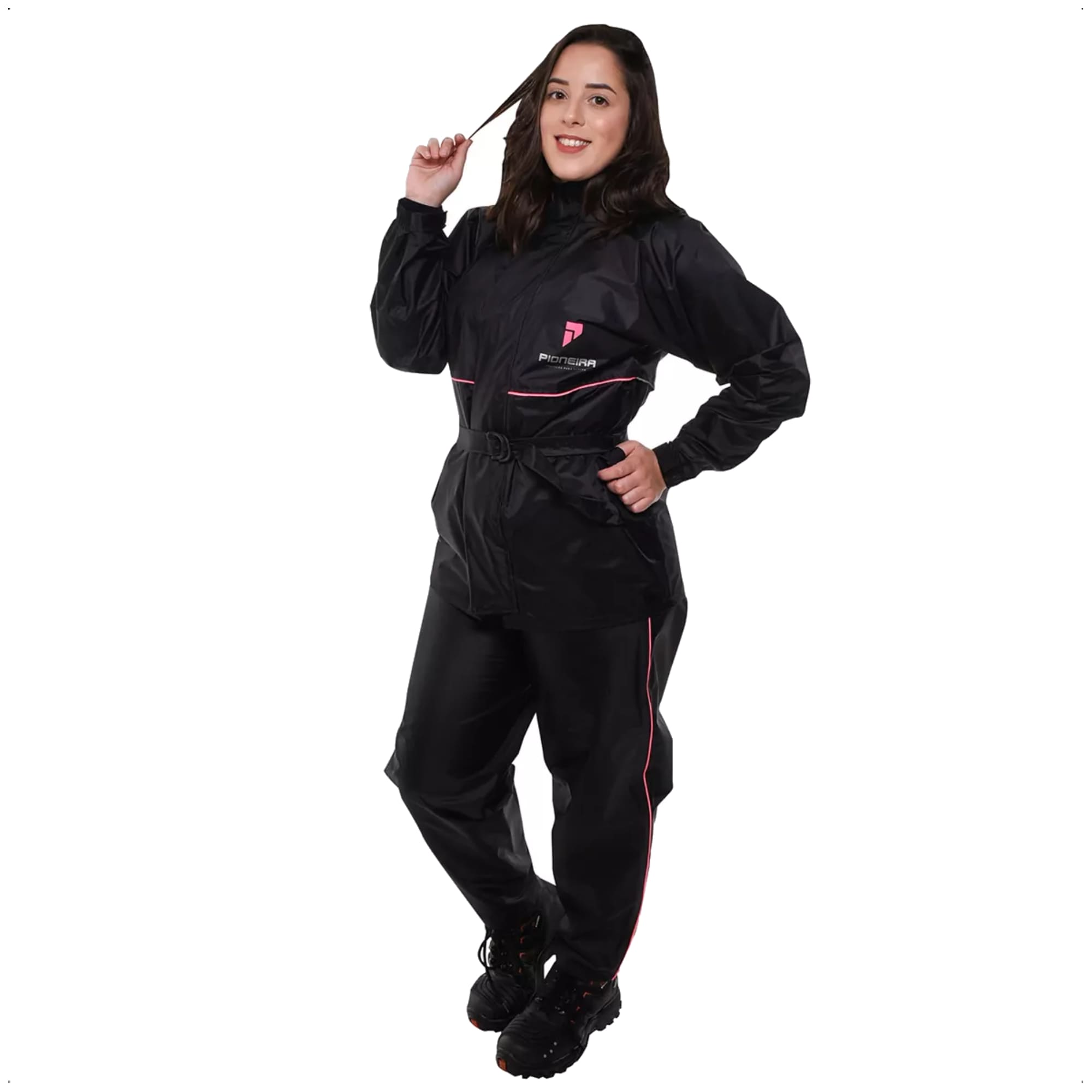 Conjunto Capa de Chuva Feminino c/ Capuz Tam P Impermeável Moto Nylon 0,20mm Pioneira-1101-F-PRE-P