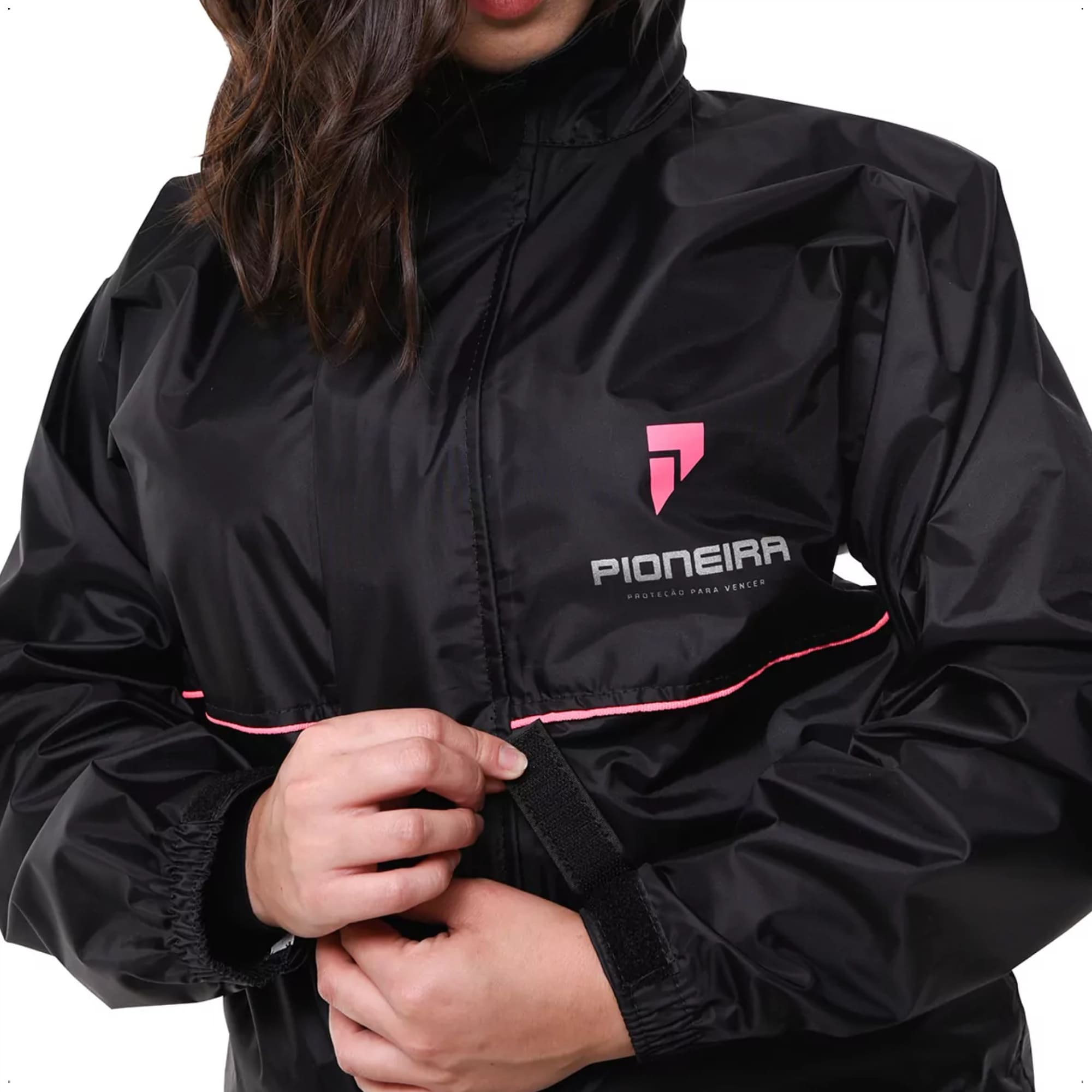 Conjunto Capa de Chuva Capuz Impermeável Motoqueiro Feminino GG Nylon 0,20mm Pioneira 1101-F-PRE-GG