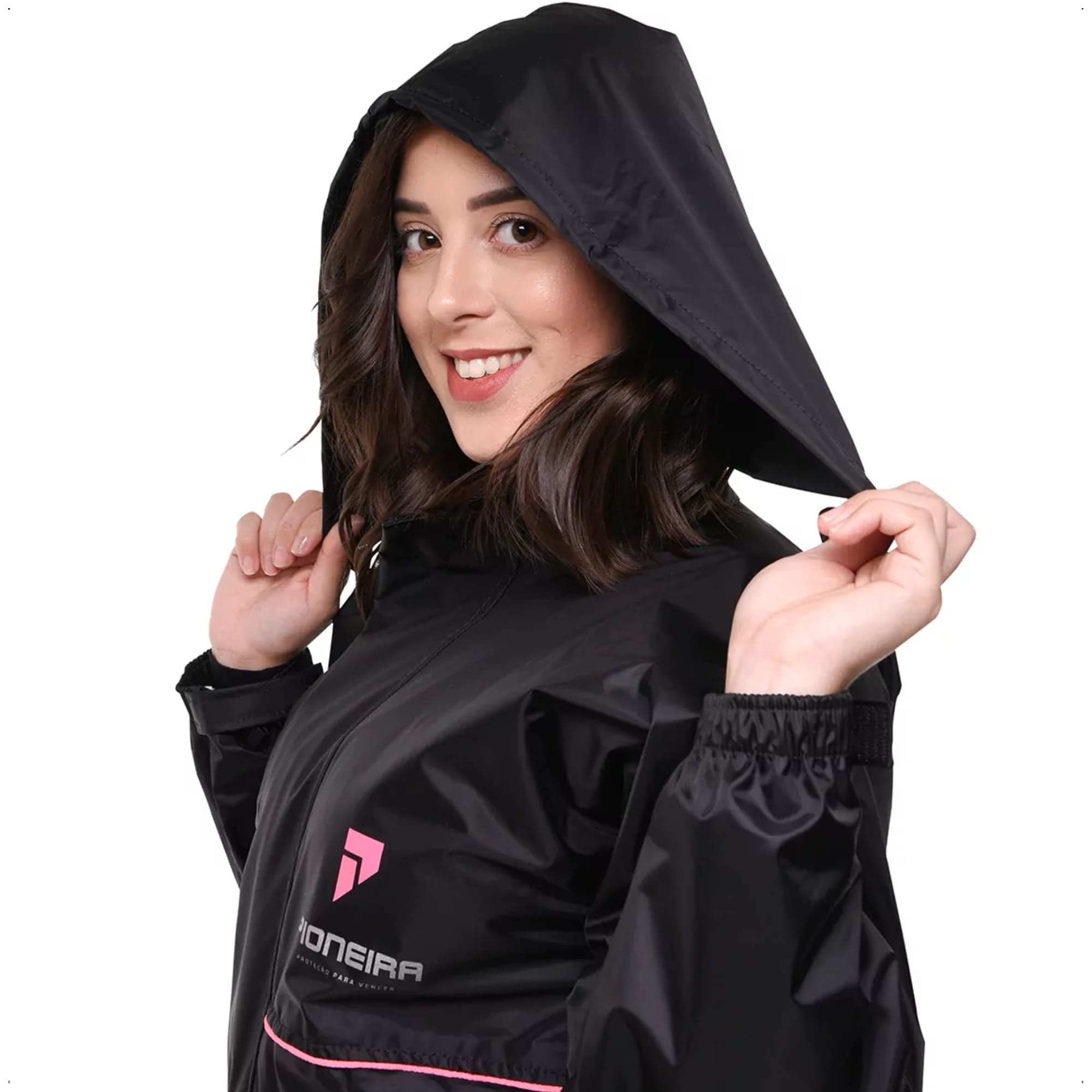Conjunto Capa de Chuva Capuz Impermeável Motoqueiro Feminino GG Nylon 0,20mm Pioneira 1101-F-PRE-GG