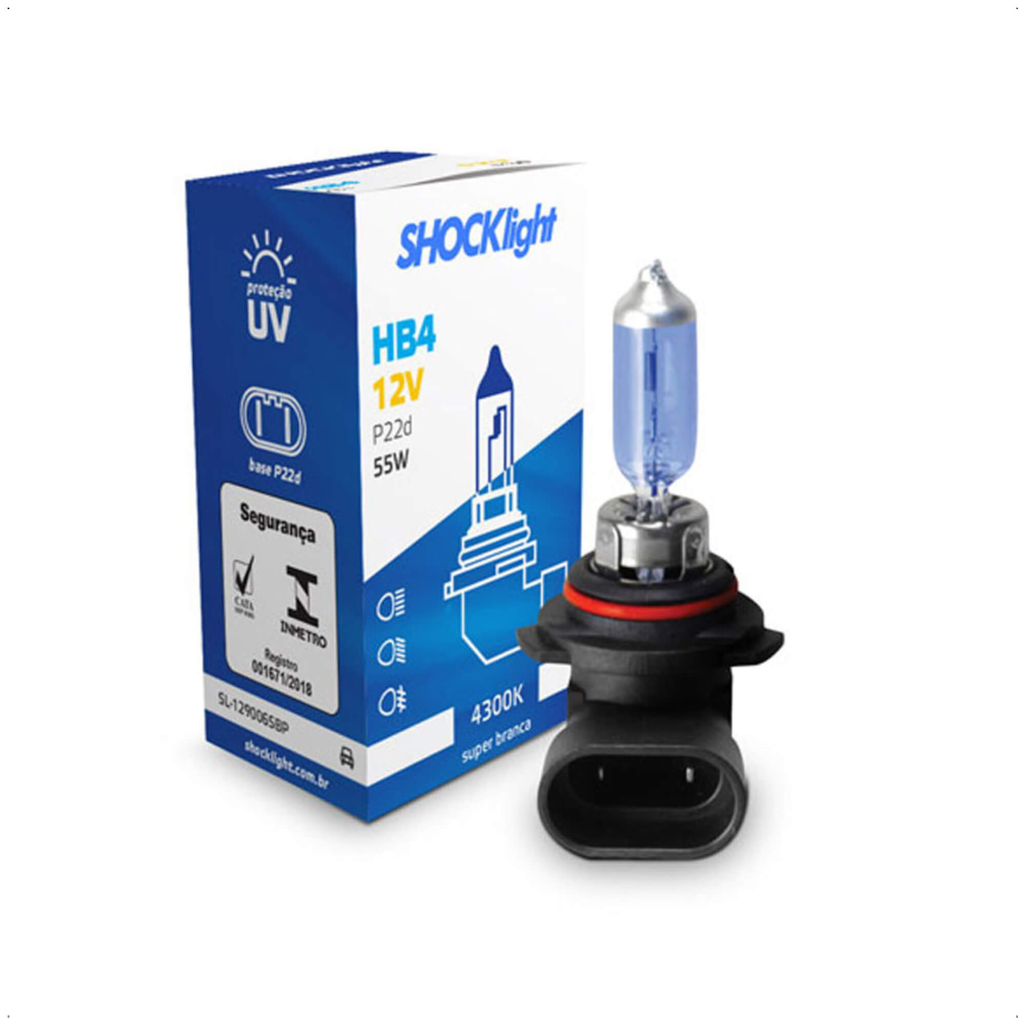 Lâmpada Halógena Super Branca Auto HB4 4300K 12V 55W P22D 1650 Lumens Shocklight-SL-129006SBP