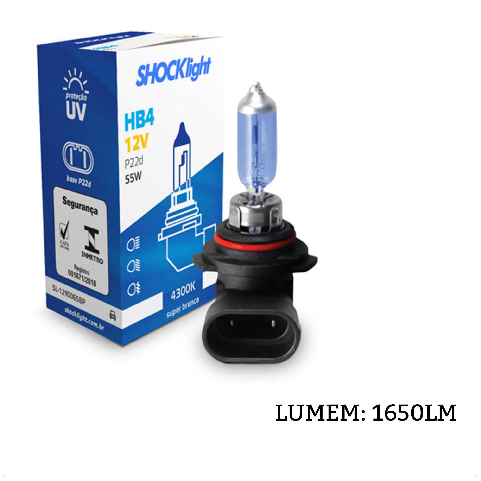 Lâmpada Halógena Super Branca Auto HB4 4300K 12V 55W P22D 1650 Lumens Shocklight-SL-129006SBP