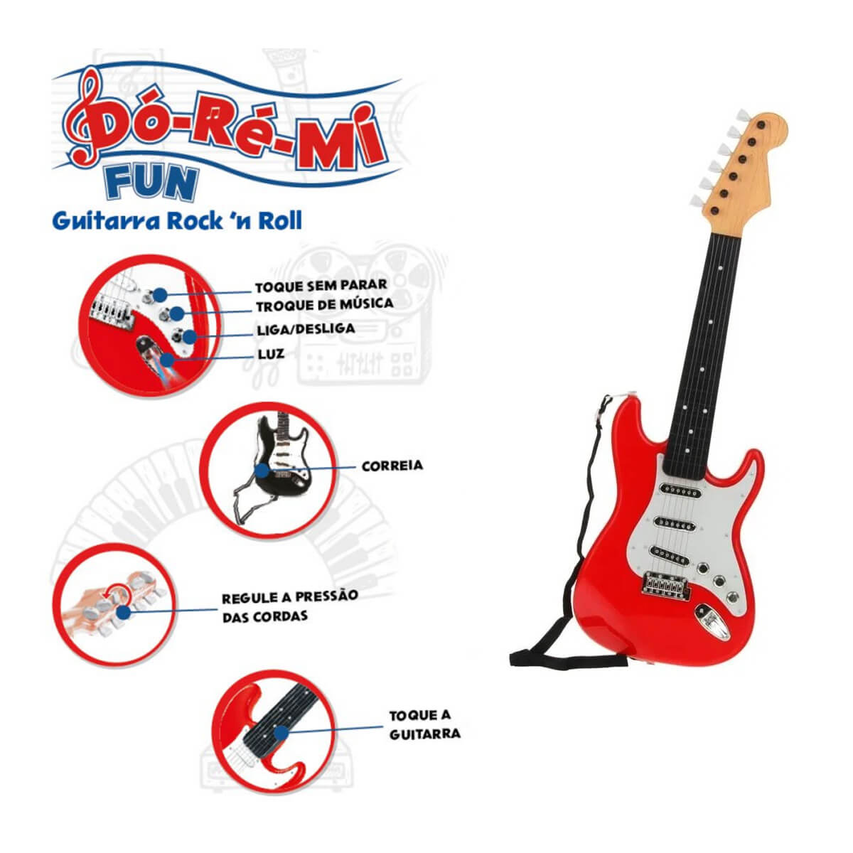 Guitarra Infantil Rock N Roll Do Re Mi Fun De Brinquedo Com Luz E Som Cordas Reguláveis + 4 Anos Vermelha - BR1531