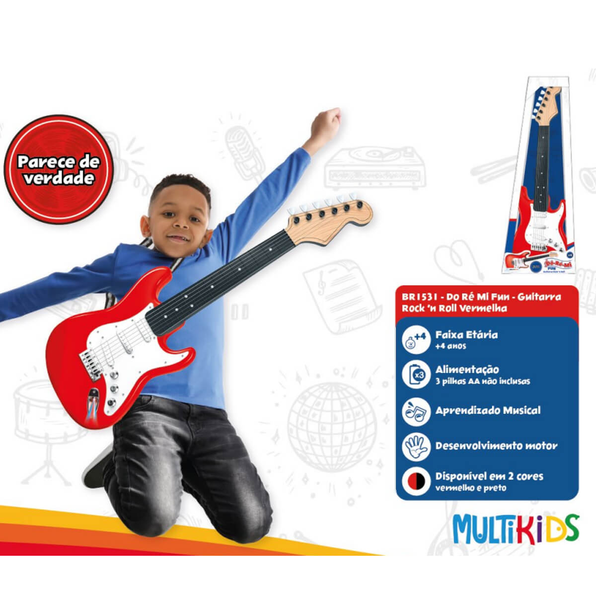Guitarra Infantil Rock N Roll Do Re Mi Fun De Brinquedo Com Luz E Som Cordas Reguláveis + 4 Anos Vermelha - BR1531