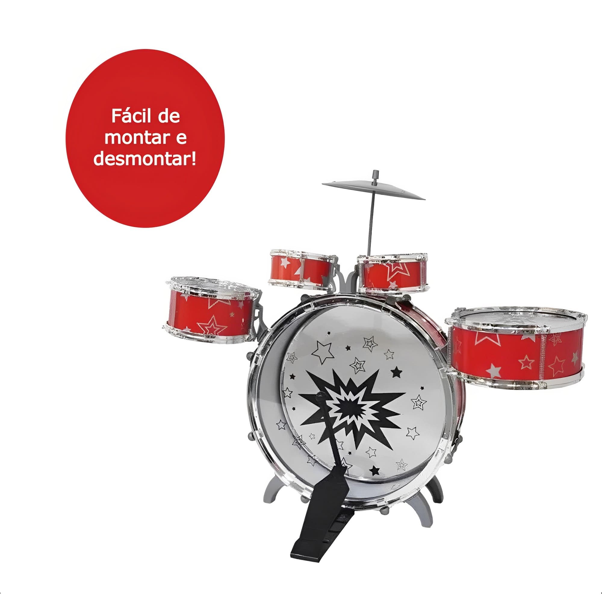 Super Bateria Rock Infantil +5 Anos Dó Ré Mi Fun Vermelha Multikids - BR1533