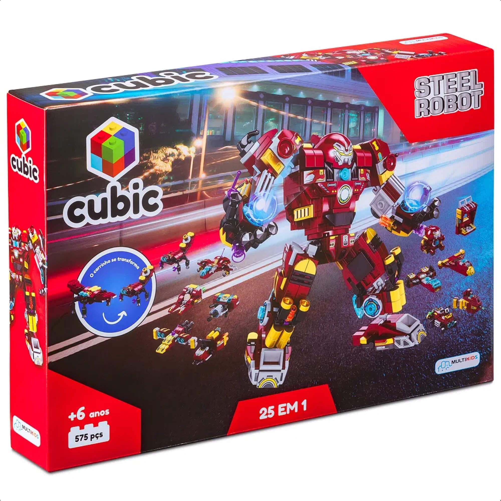 Brinquedo De Encaixe Cubic 25 Em 1 Steel Robot 575 Pç. 24 Veículos +6 Anos Multikids-BR1617