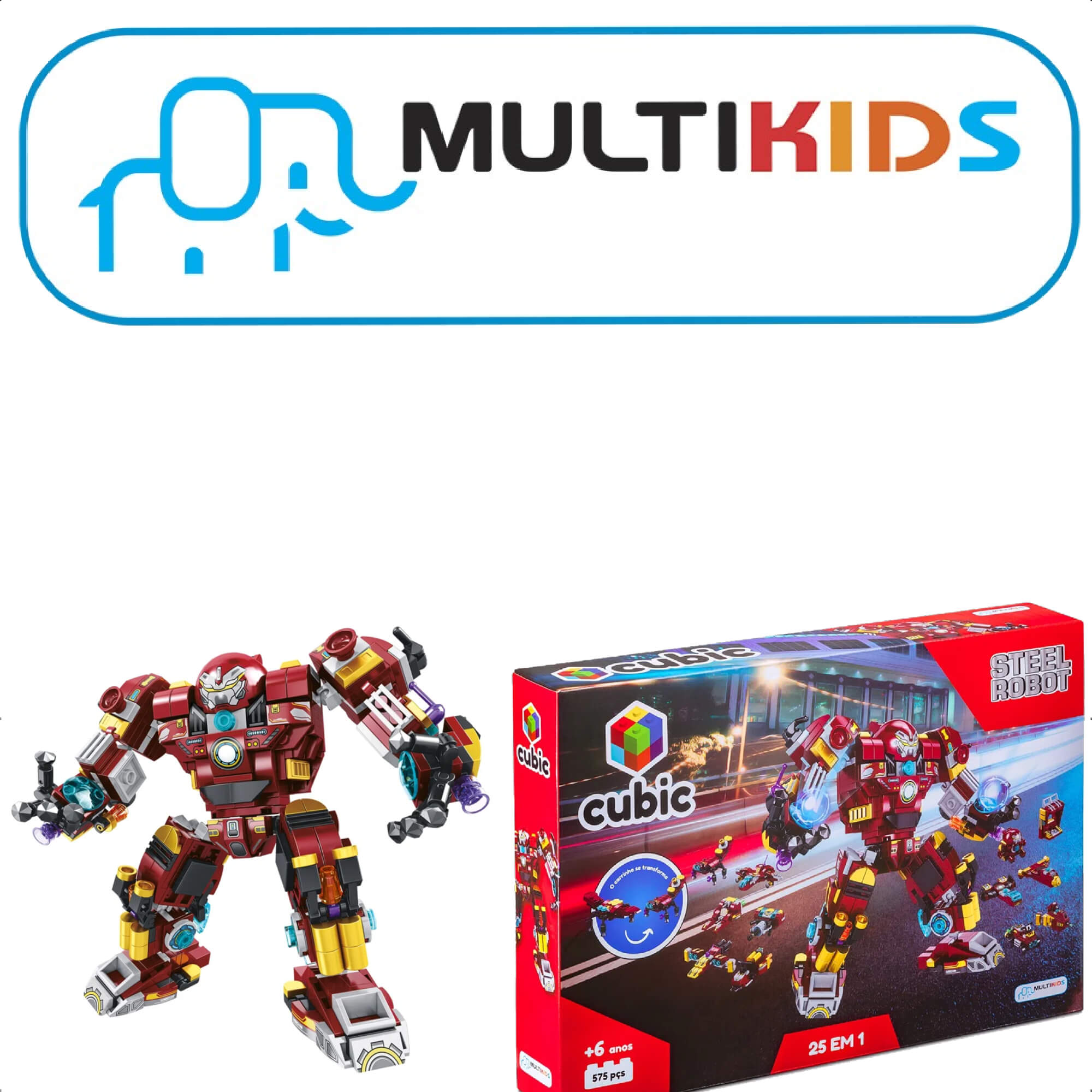 Brinquedo De Encaixe Cubic 25 Em 1 Steel Robot 575 Pç. 24 Veículos +6 Anos Multikids-BR1617