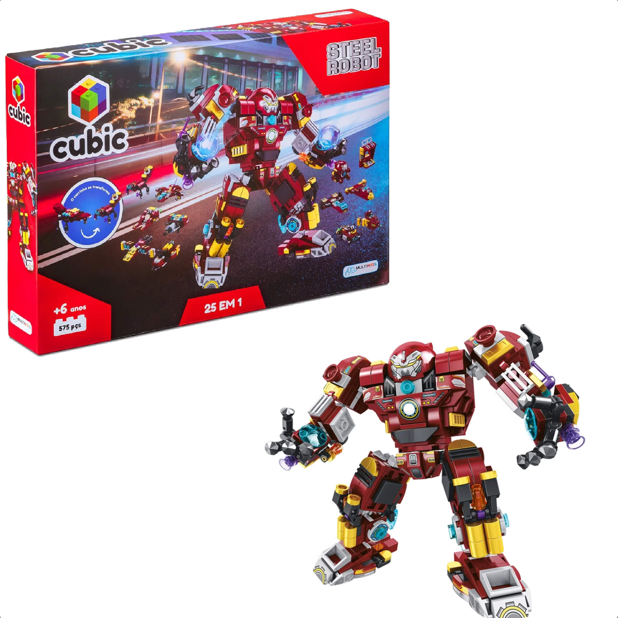 Brinquedo De Encaixe Cubic 25 Em 1 Steel Robot 575 Pç. 24 Veículos +6 Anos Multikids-BR1617
