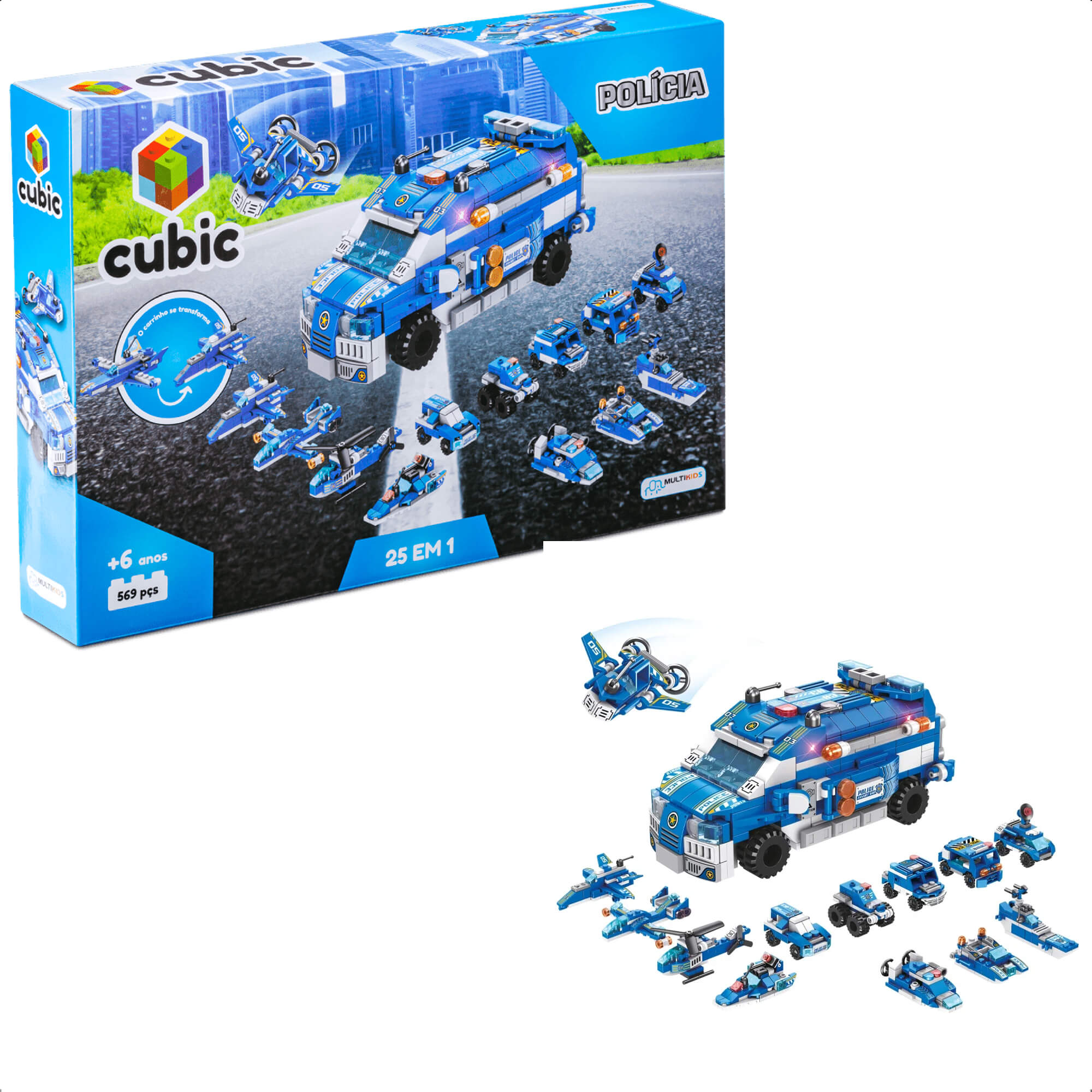 Brinquedo De Encaixe Cubic 25 Em 1 Polícia 569 Pç. 24 Diferentes Veículos Multikids-BR1619