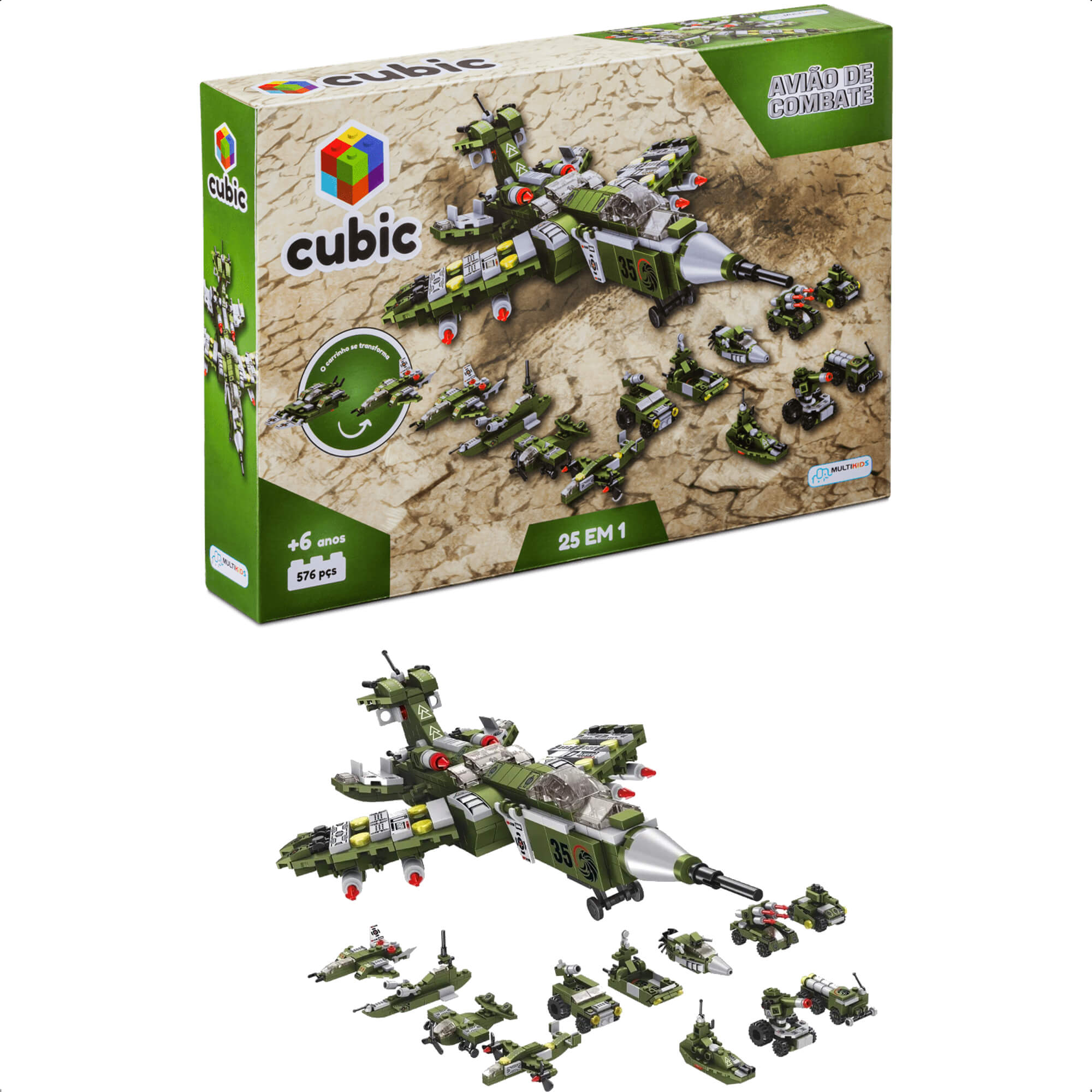 Brinquedo de Encaixe Cubic 25 em 1 Avião de Combate 576 Peças +6 Anos Multikids - BR1620