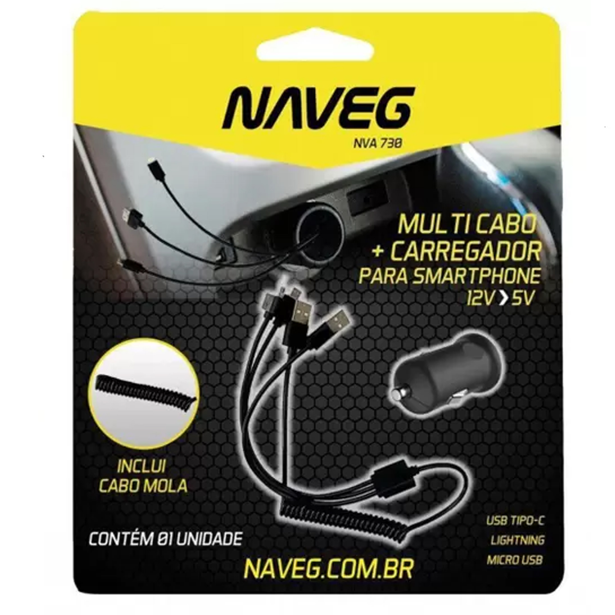 Multicabo e Carregador Veicular p/ Carro Converte 12V p/ 5V Multiuso Celular Naveg - NVA730