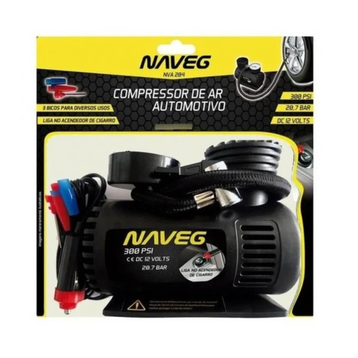 ressor de Ar Veicular 12V 300 PSI Automotivo Multiuso Compacto Encher Pneus Bolas Boias Viagem Naveg - NVA204