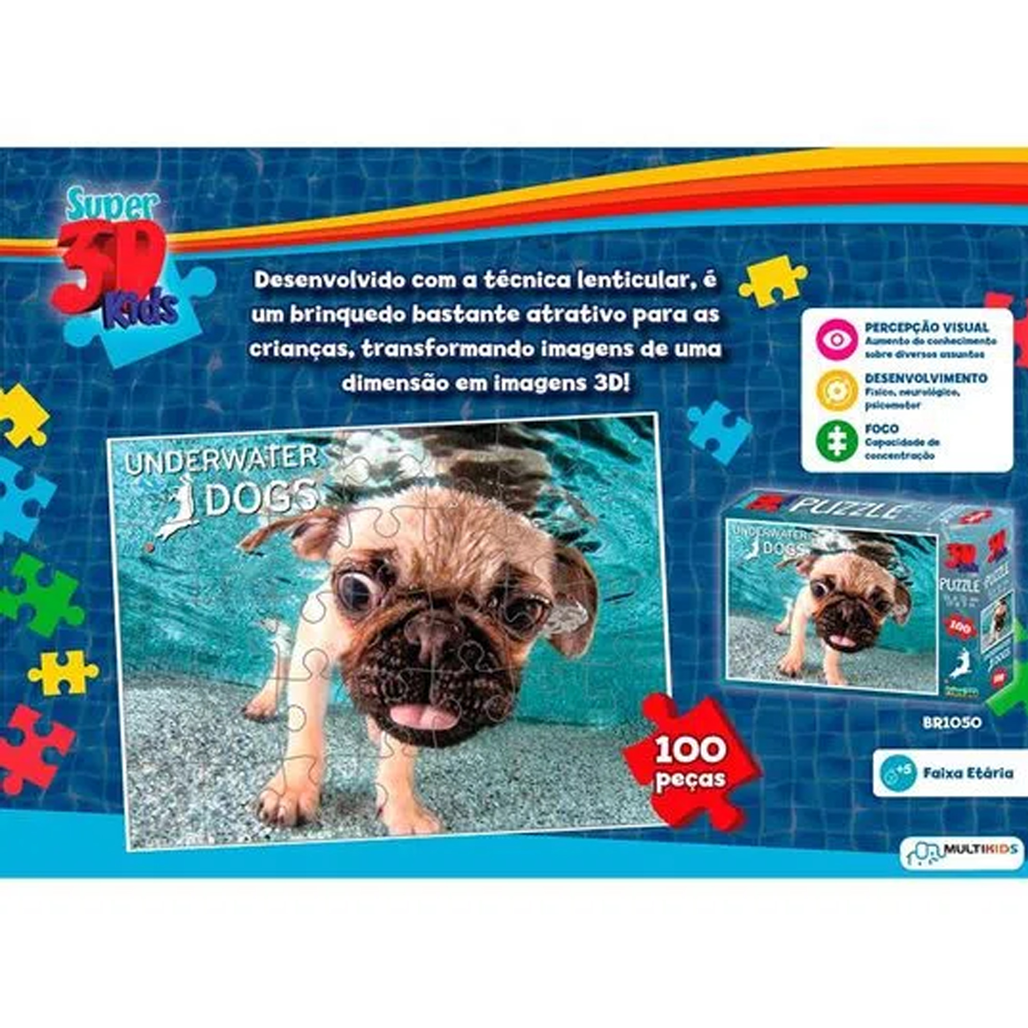 Jogo Quebra Cabeça Pug /100 Peças Brinquedo +5 anos Cachorrinho Multikids -  Br1050