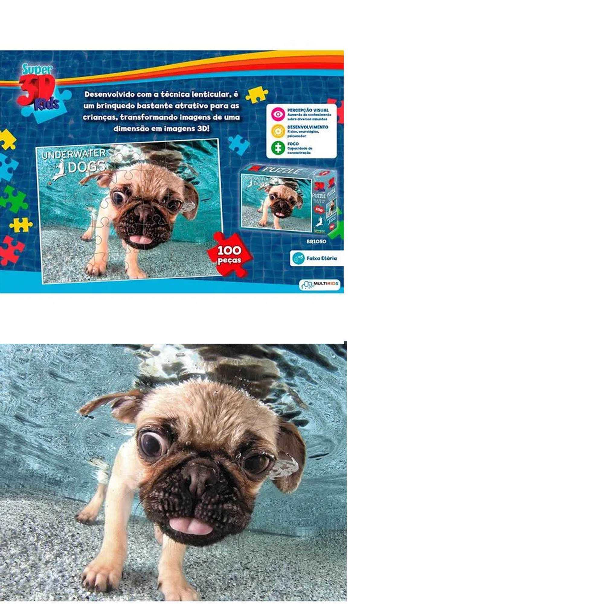 Jogo Quebra Cabeça Pug /100 Peças Brinquedo +5 anos Cachorrinho Multikids -  Br1050